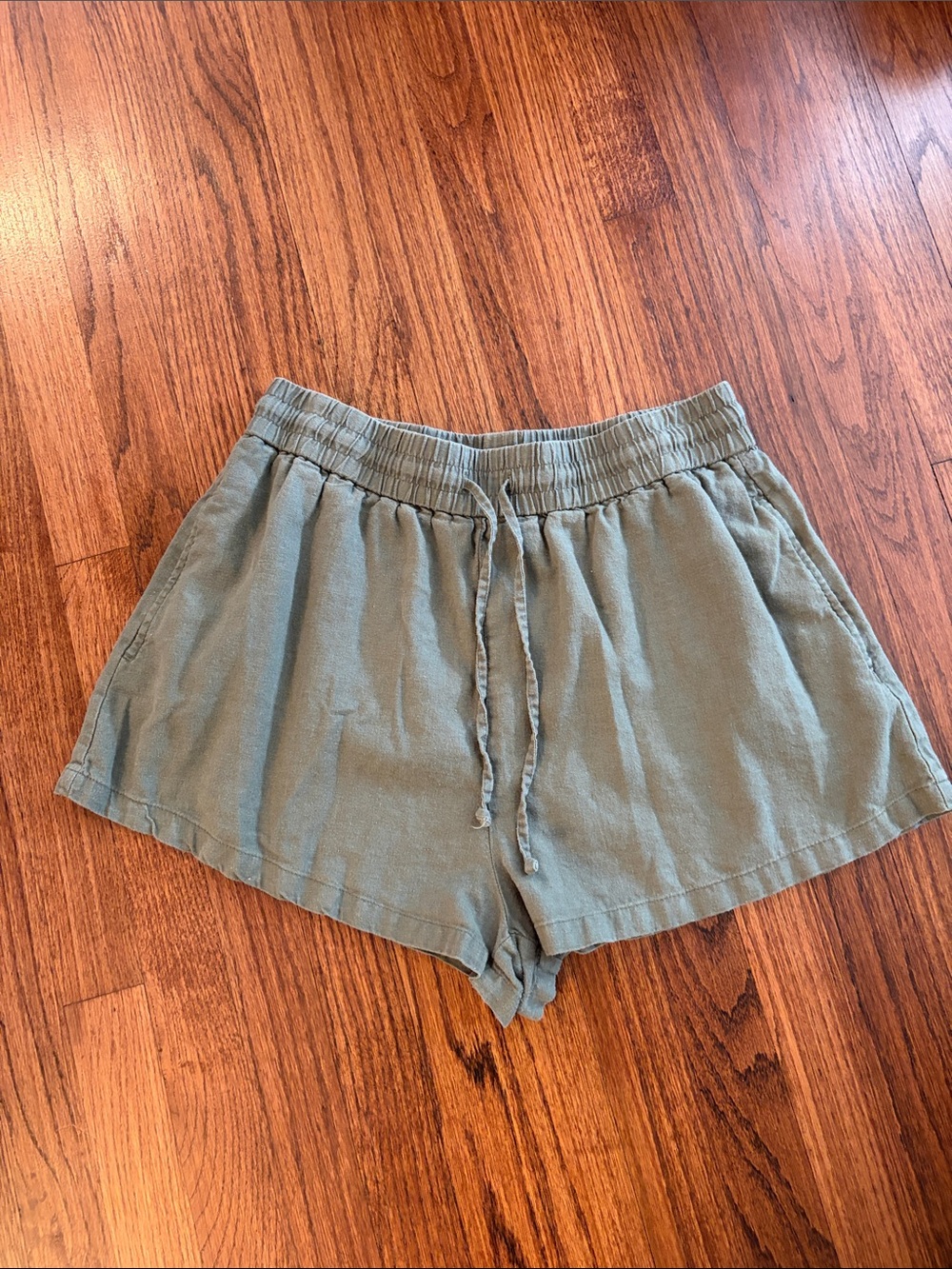 Zara Army Green Linen Drawstring Elastic Waist Shorts